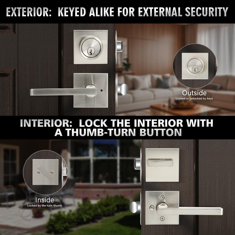 Cielsa Dawn Exterior Door Lock Set with Deadbolt  Front Door Handle Set  Heavy Duty Keyed Alike Privacy Handles  (3Pack-Set Satin Nickel) - Image 4